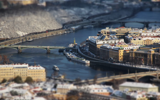 River bridge city snow tiltshift free wallpaper - medium preview image