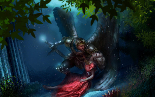Woman red dress bird forest free wallpaper - medium preview image