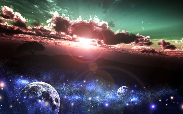 Sunset planets stars tree bright free wallpaper - medium preview image