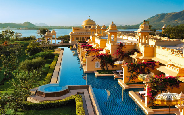 Large pool yellow buildings lake free wallpaper - medium preview image