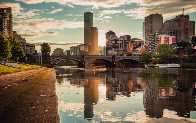 River bridge city clouds sunset free wallpaper - medium preview image