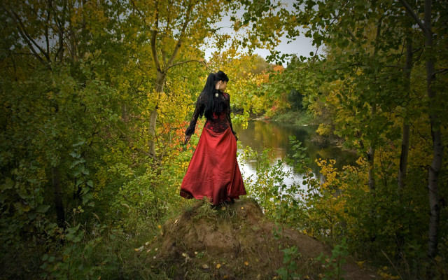 Woman red dress forest river free wallpaper - medium preview image