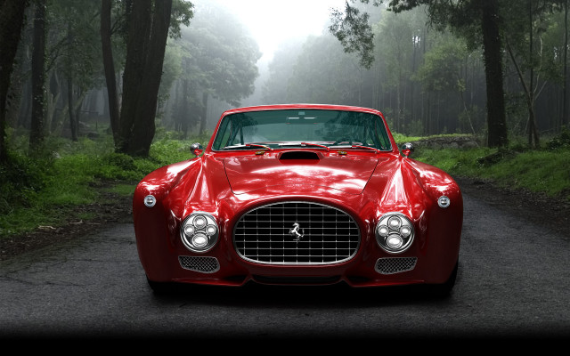 Red car woods fog nature free wallpaper - medium preview image