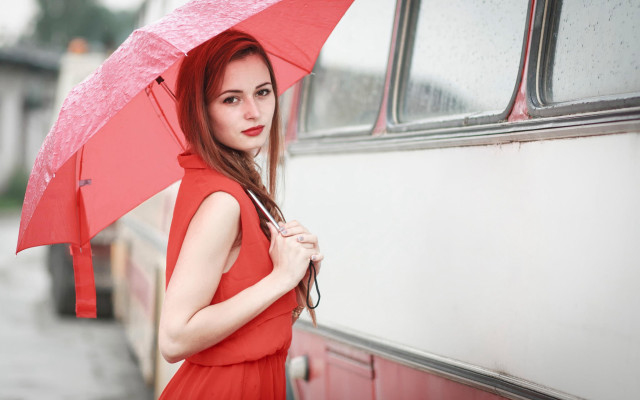 Woman red dress umbrella bus free wallpaper - medium preview image