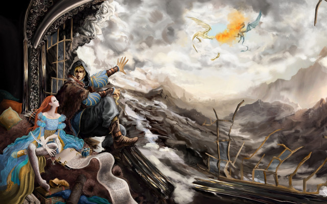 Fantasy man woman dragon illustration free wallpaper - medium preview image