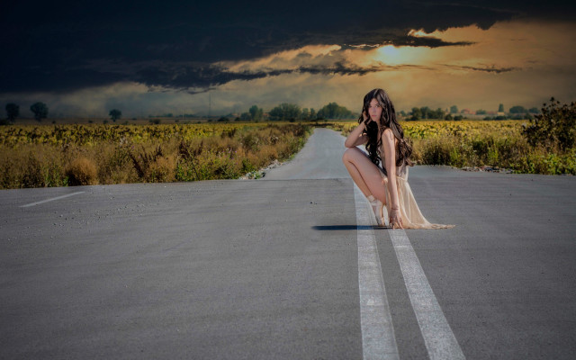 Woman kneeling flower field cloudy free wallpaper - medium preview image