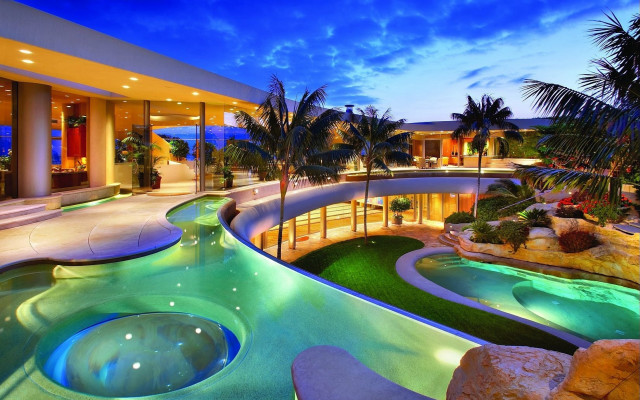 Luxury pool waterfall night palm free wallpaper - medium preview image