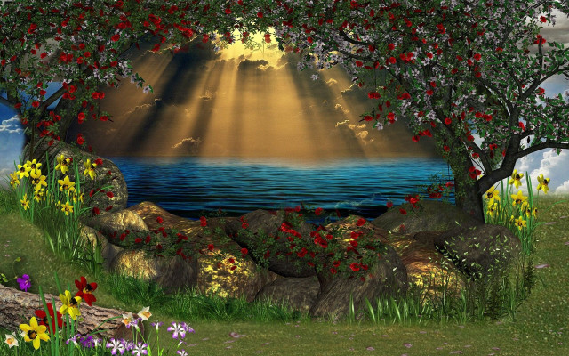 Tree flowers water sunbeam clouds free wallpaper - medium preview image