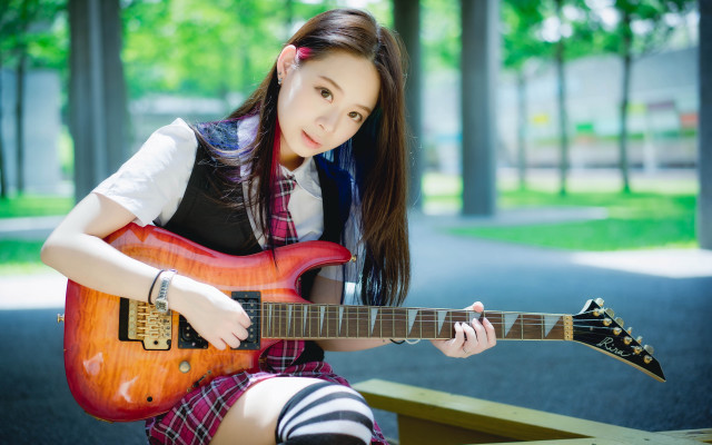 Girl school uniform guitar park free wallpaper - medium preview image