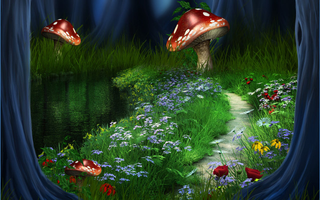 Forest mushrooms flowers stream path free wallpaper - medium preview image