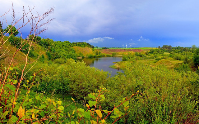 River trees bushes cloudy sky free wallpaper - medium preview image