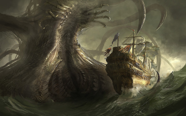 Giant octopus ship battle fantasy free wallpaper - medium preview image