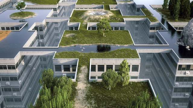 Futuristic green roof pond modular free wallpaper - medium preview image
