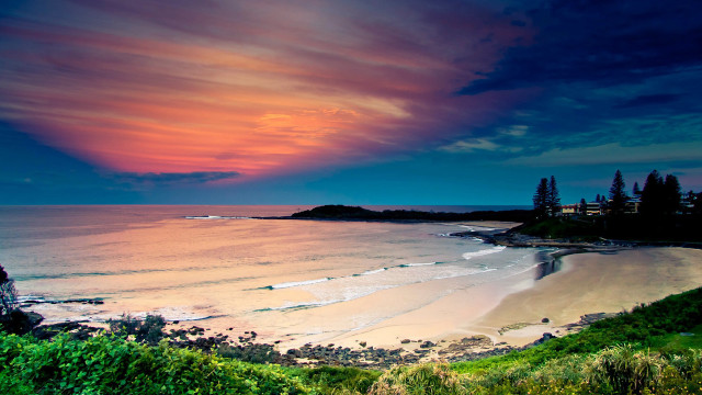 Sunset beach water trees clouds free wallpaper - medium preview image