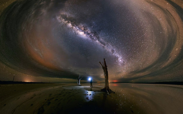 Starry sky man tree field free wallpaper - medium preview image
