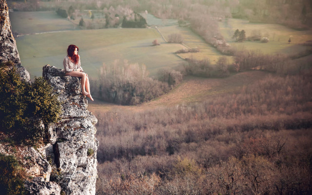 Woman sitting valley mountains nature free wallpaper - medium preview image