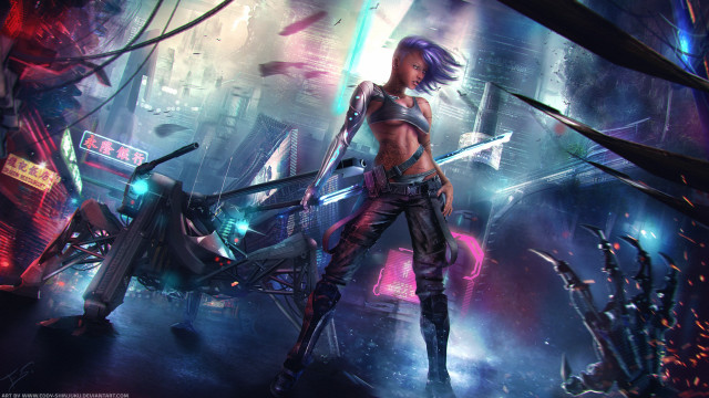 Afrofuturism cyberpunk heroine cityscape scifi free wallpaper - medium preview image