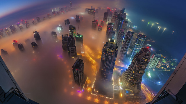 Cityscape tall buildings fog nighttime free wallpaper - medium preview image