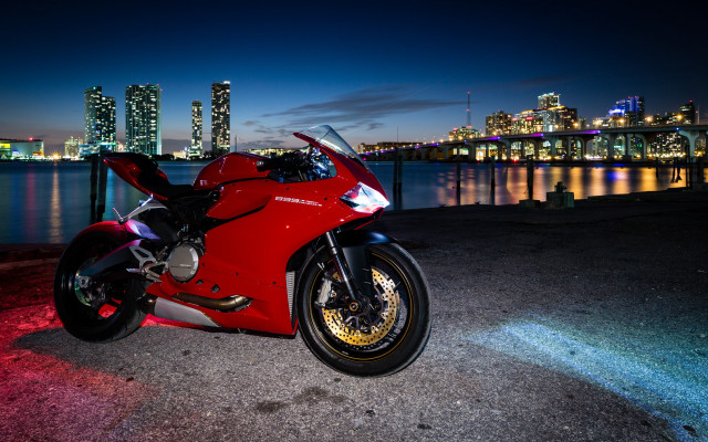 Red motorcycle night cityscape reflection free wallpaper - medium preview image