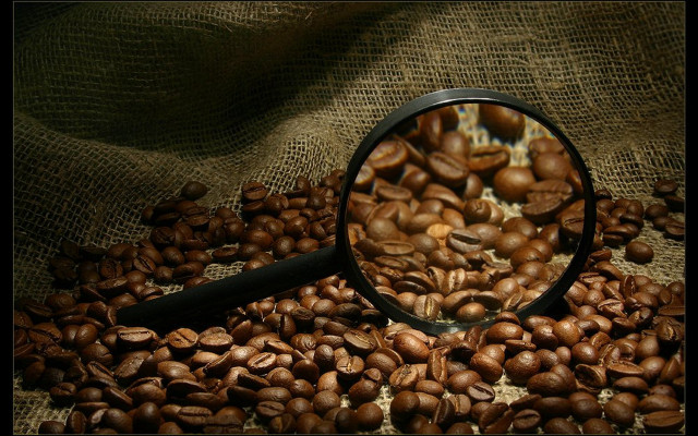 Magnifyingglass coffeebeans burlap sack stilllife free wallpaper - medium preview image