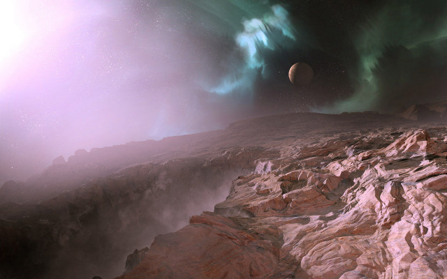 Rocky landscape green aurora red free wallpaper - medium preview image