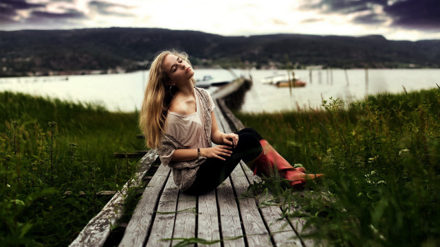 Woman bench water boats cloudy free wallpaper - medium preview image