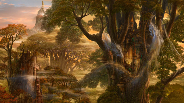 Forest tower waterfall autumn matte free wallpaper - medium preview image