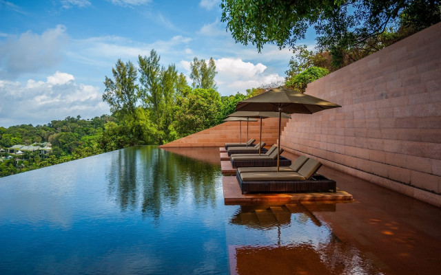 Lounge chairs pool umbrella nature free wallpaper - medium preview image