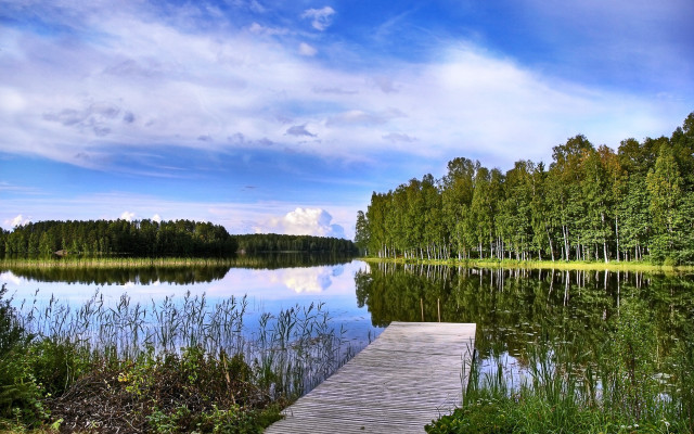 Lake dock trees grass clouds free wallpaper - medium preview image