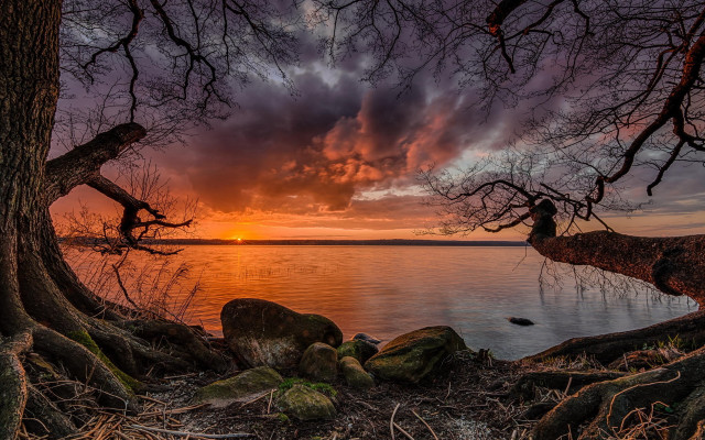 Sunset lake trees rocks mystical free wallpaper - medium preview image