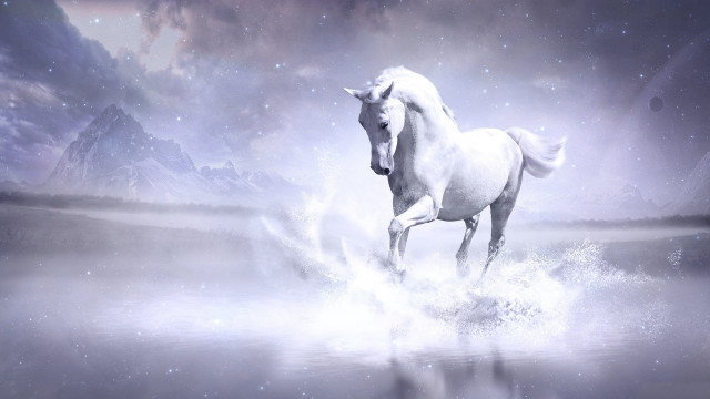 White horse water mountains starry free wallpaper - medium preview image