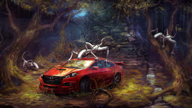 Red car horses forest fire free wallpaper - medium preview image