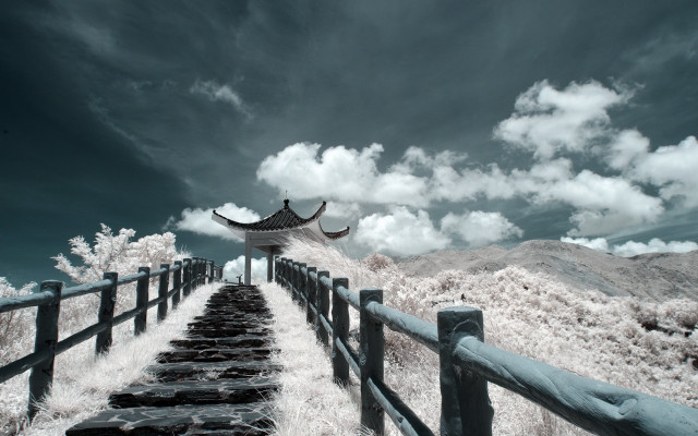 Wooden path building sky clouds free wallpaper - medium preview image