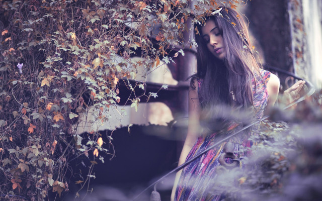 Woman dress umbrella tree building free wallpaper - medium preview image