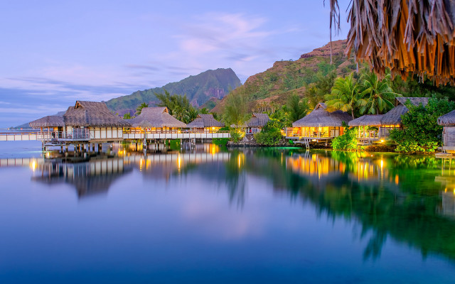 Tropical resort dusk mountain water free wallpaper - medium preview image