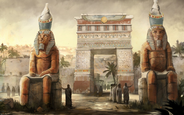 Egyptian statues gate figures cityscape free wallpaper - medium preview image