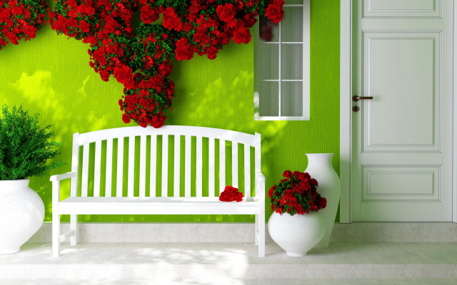 White bench green wall red free wallpaper - medium preview image