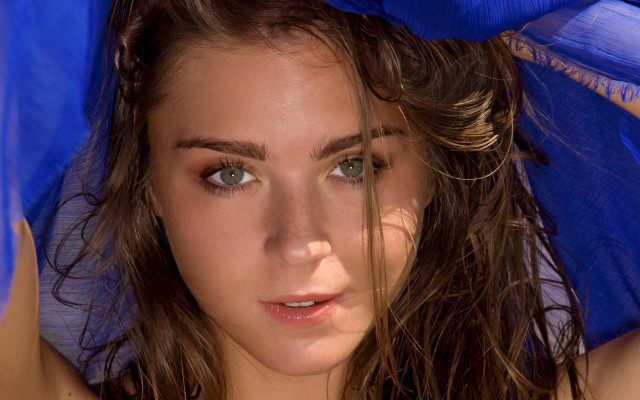Woman blue umbrella scarf photorealistic #2 free wallpaper - medium preview image