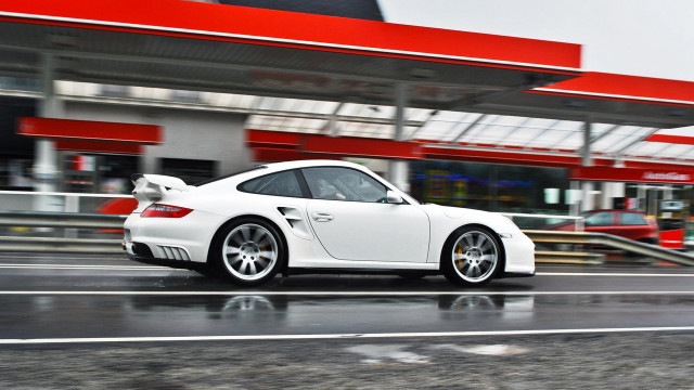 White porsche street gas station free wallpaper - medium preview image