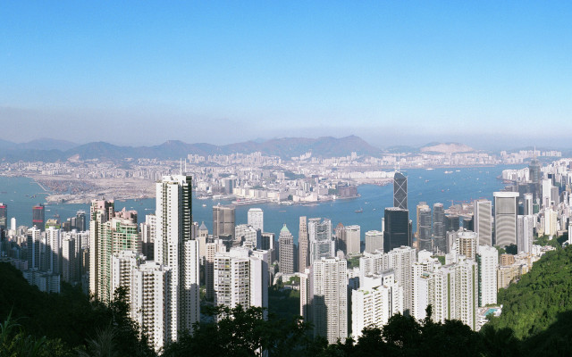 City skyline mountains water bridge free wallpaper - medium preview image