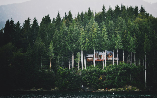 Hill house trees water boat free wallpaper - medium preview image