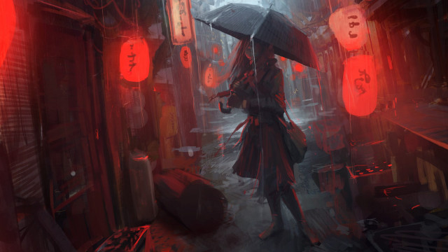 Woman umbrella rain city night free wallpaper - medium preview image