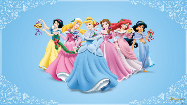 Princesses group standing blue background free wallpaper - medium preview image