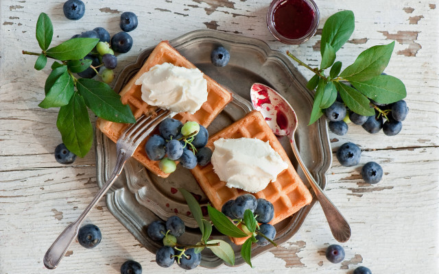 Waffles blueberries coffee fork spoon free wallpaper - medium preview image