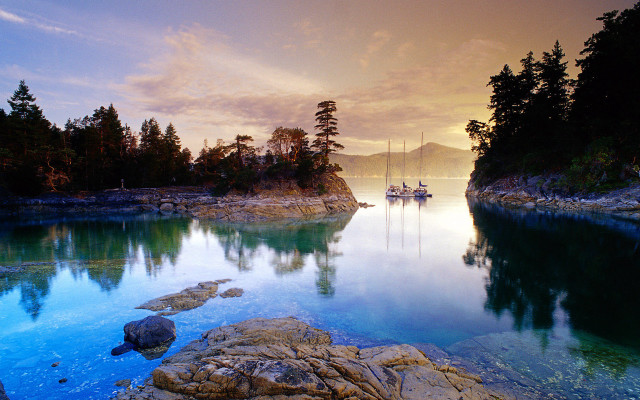 Lake mountain boat forest sunset free wallpaper - medium preview image