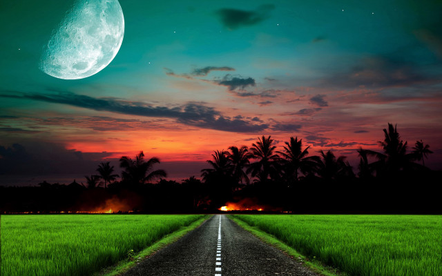 Road fullmoon field mountains sunset free wallpaper - medium preview image