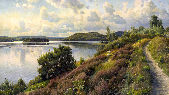 Lake path hills trees bridge free wallpaper - medium preview image