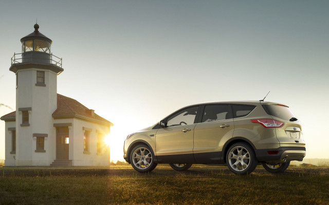 White car lighthouse sunset photorealism free wallpaper - medium preview image