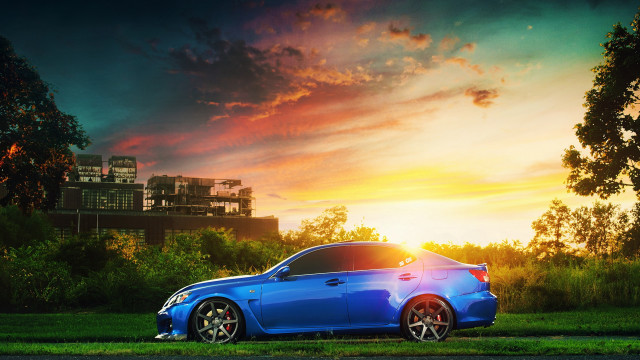 Blue car grass field sunset free wallpaper - medium preview image