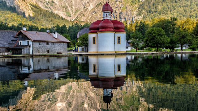Small church lake mountains trees free wallpaper - medium preview image